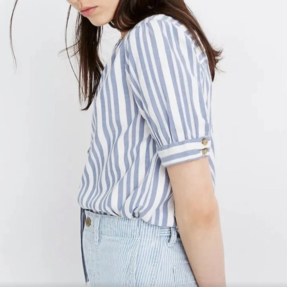 Madewell blue white striped button down short sleeve top